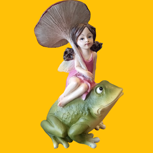 Garden Figurine Fairy Sitting on Frog with Mushroom