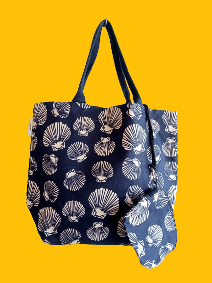 Everyday Canvas Tote Bag With Purse Waterproof Lining Seashells Navy