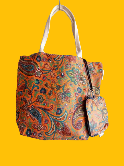 Colourful Everyday Canvas Tote Bag With Purse Waterproof Lining Paisley Orange