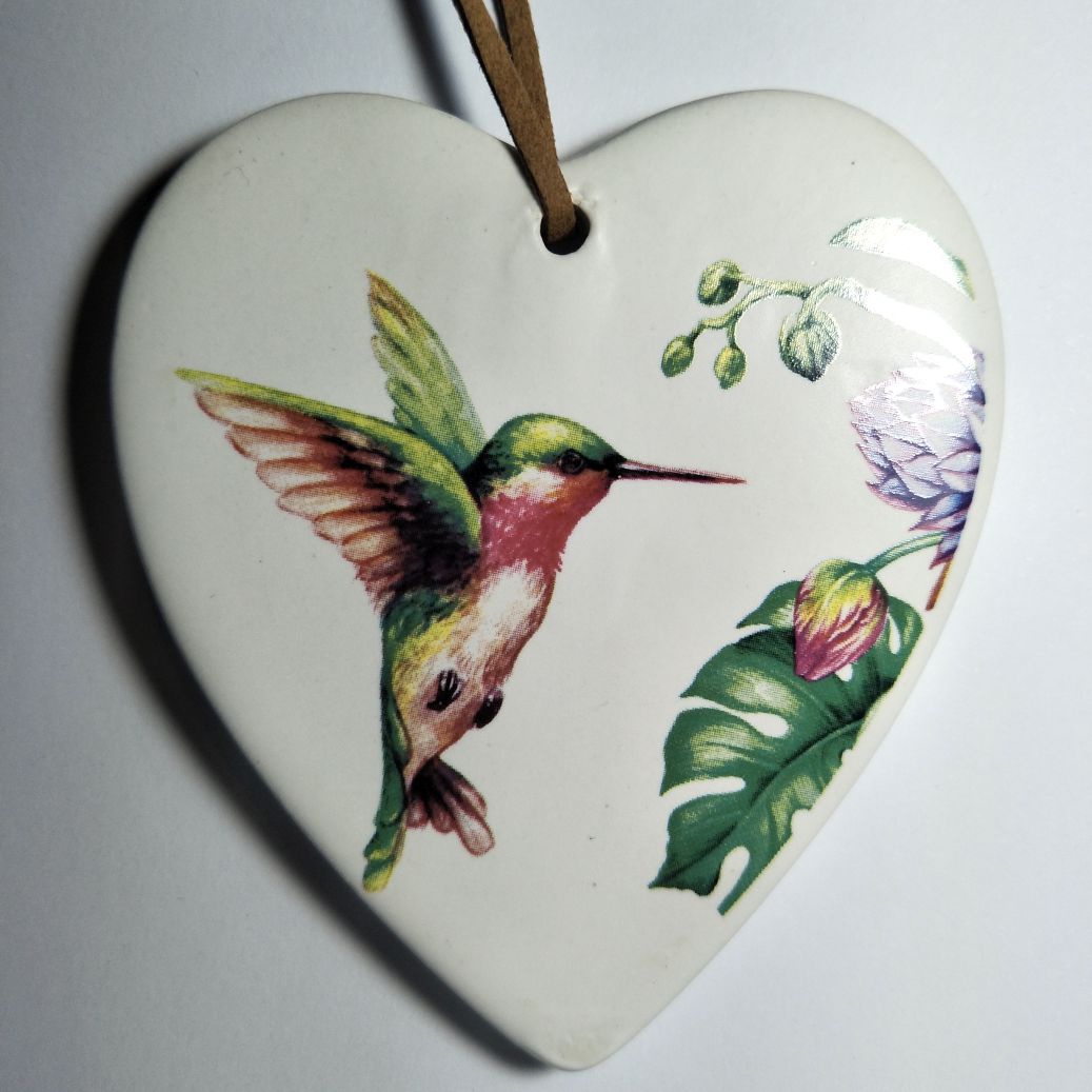 Ceramic Hanging Heart Hummingbird Tropical