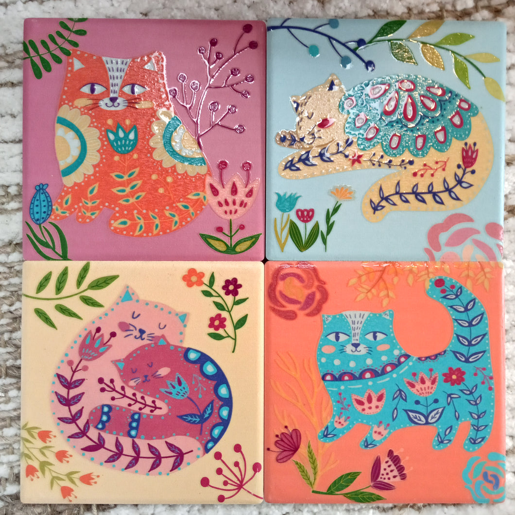 Ceramic Coasters Folky Cats S4